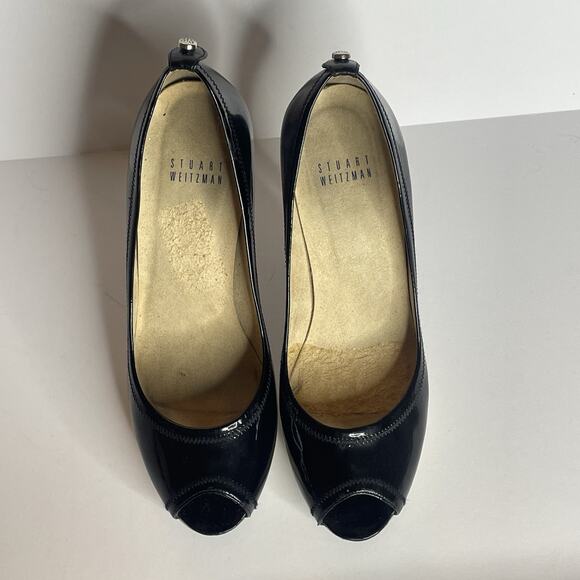 Stuart Weitzman Black Patent Leather Peep Toe Platform Heels 7 M Classic SW Logo - Picture 7 of 7